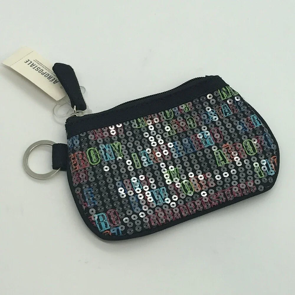 Aéropostale Makeup Bag Black Sequined I Love Aero Zippered Cosmetic Pouch NWT